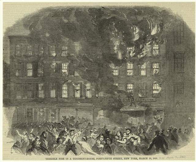 While the rich had the luxury of houses, laws were just being mandated that tenements needed FIRE ESCAPES, though not many paid attention. In this photo you'll see a sketch from a terrible fire that occurred in a tenement building on 45th Street on March 28th, 1860.A tenement reformer and New York architect named Ernest Flagg once wrote that "the greatest evil which ever befell New York City was the division of the blocks into lots of 25 x 100 feet. So true is this, that no other disaster can for a moment be compared with it. Fires, pestilence, and financial troubles are as nothing in comparison; for from this division has arisen the New York system of tenement-houses, the worst curse which ever afflicted any great community."At the time, TENEMENTS were sprouting up everywhere, including the one that now houses the Tenement Museum, which had just been built in 1863 at 97 Orchard Street. For $8-12 month, a family could rent three rooms. 19th century New York's elite and underbelly await you in BBC America's COPPER. Watch the premiere of the riveting new series from Academy AwardÂ®-winner Barry Levinson and EmmyÂ® Award-winner Tom Fontana on Sunday, August 19, at 10/9c, only on BBC America. For more updates on the series, be sure to like COPPER on Facebook and follow COPPER on Twitter.